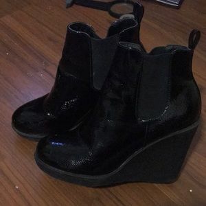 Women’s Moto Patent Leather Wedged Boots